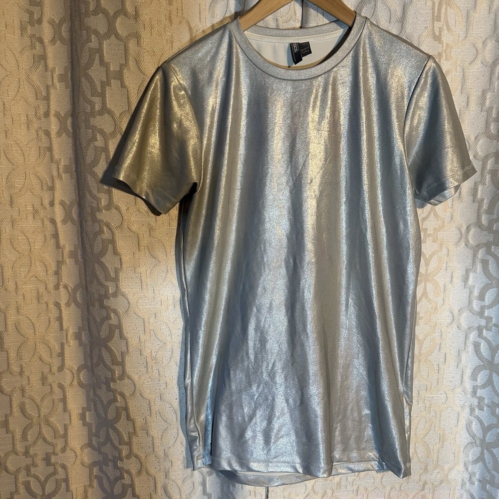Osos Metallic Black Silver Metallic Fancy Futuristic Shirt Size XS